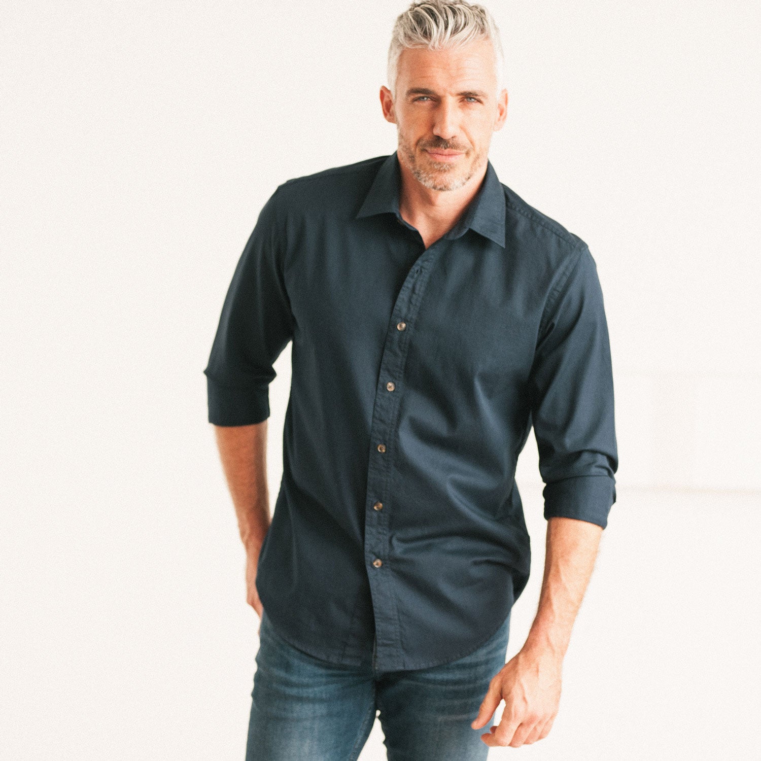 Essential Spread Collar Casual Shirt - Dark Navy Stretch Cotton Poplin