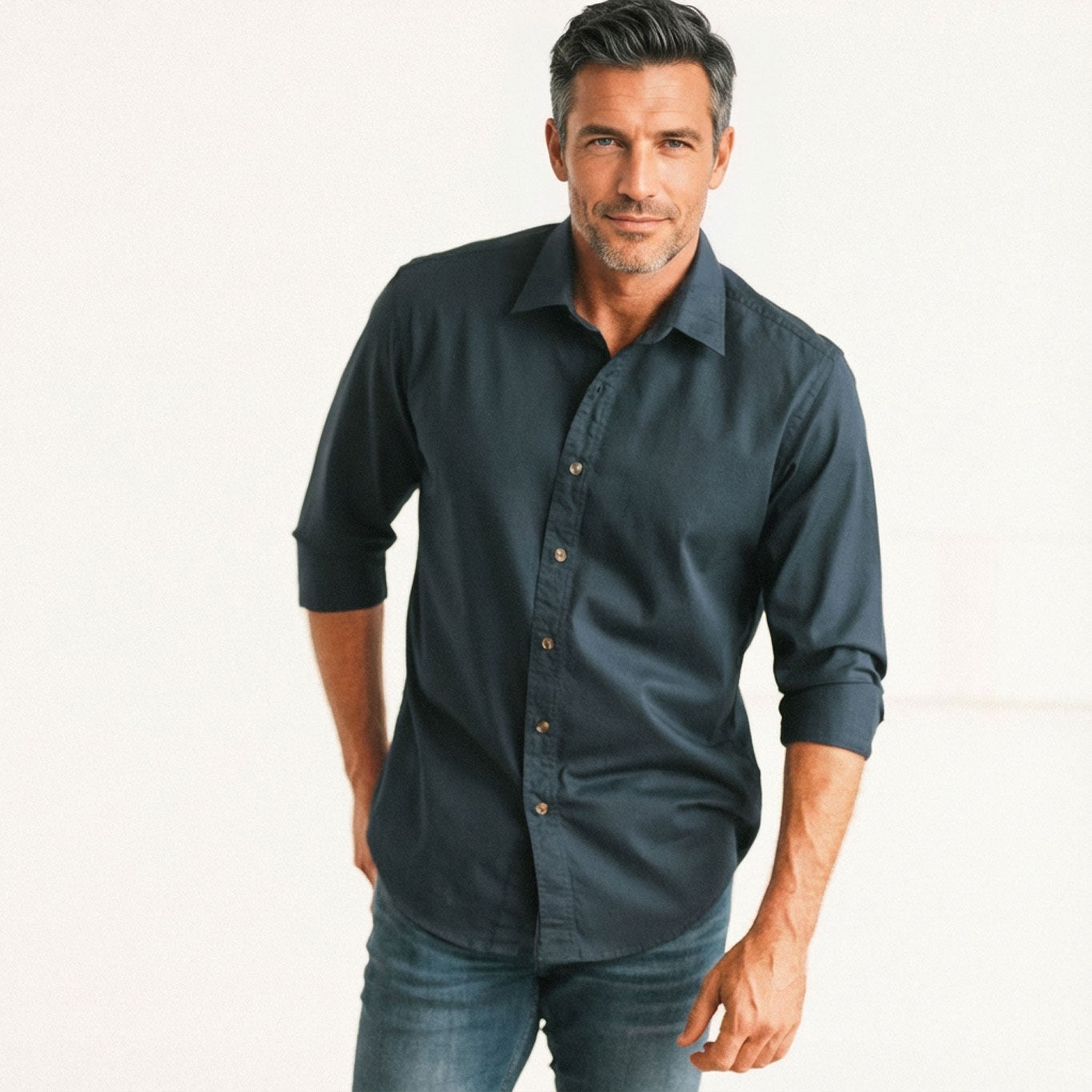 Essential Spread Collar Casual Shirt - Dark Navy Stretch Cotton Poplin