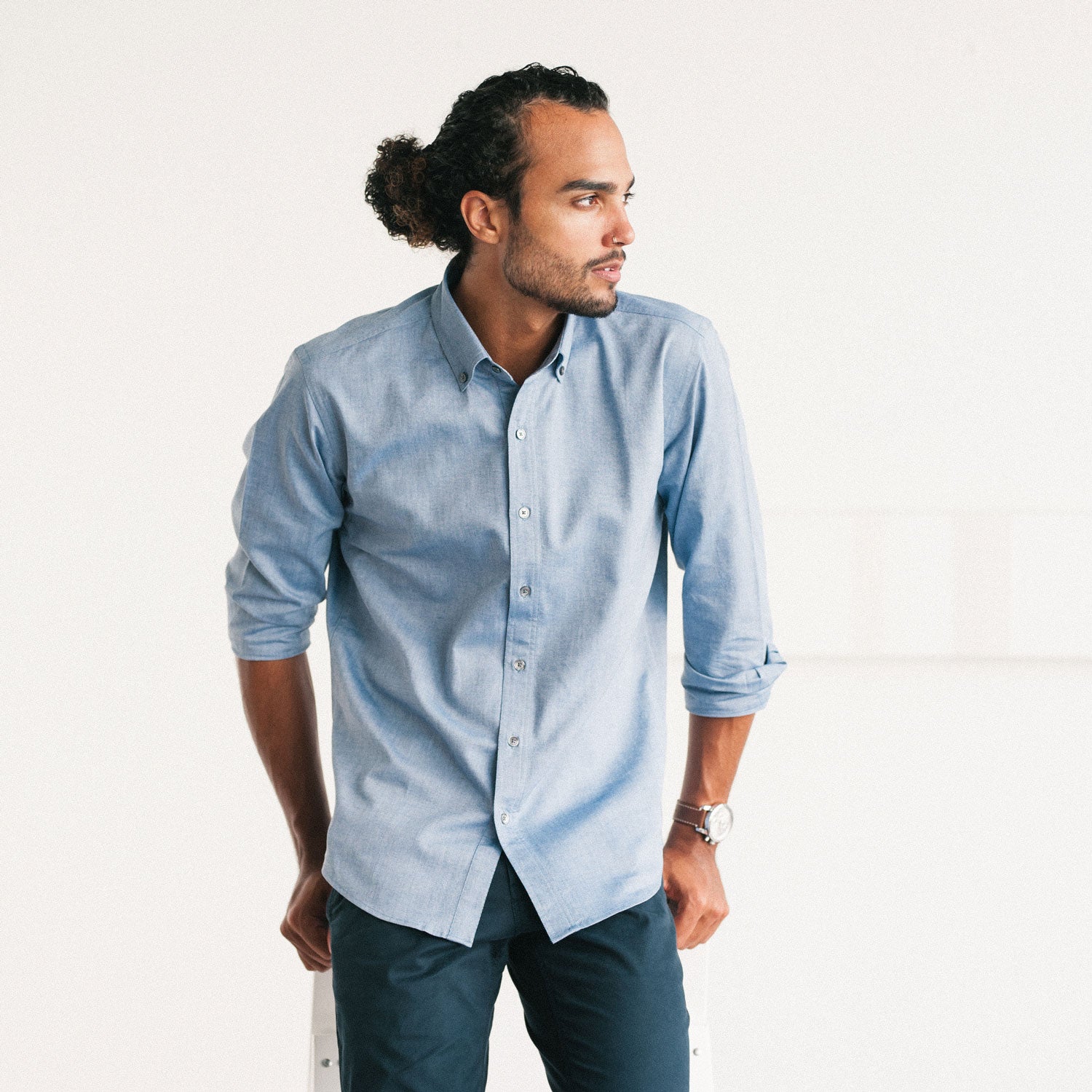 Essential Button Down Collar Casual Shirt Navy Blue Cotton Oxford