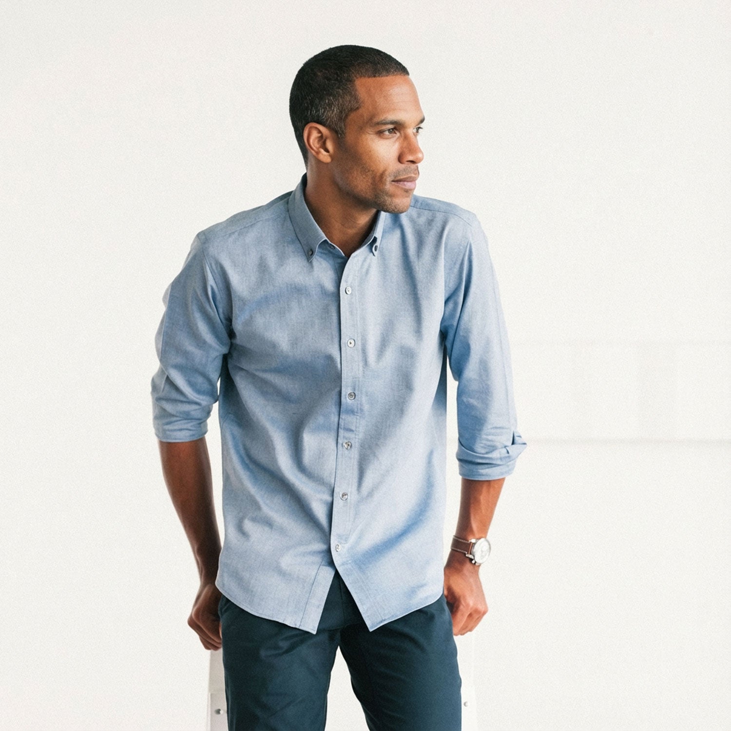 Essential Button Down Collar Casual Shirt - Navy Blue Cotton Oxford