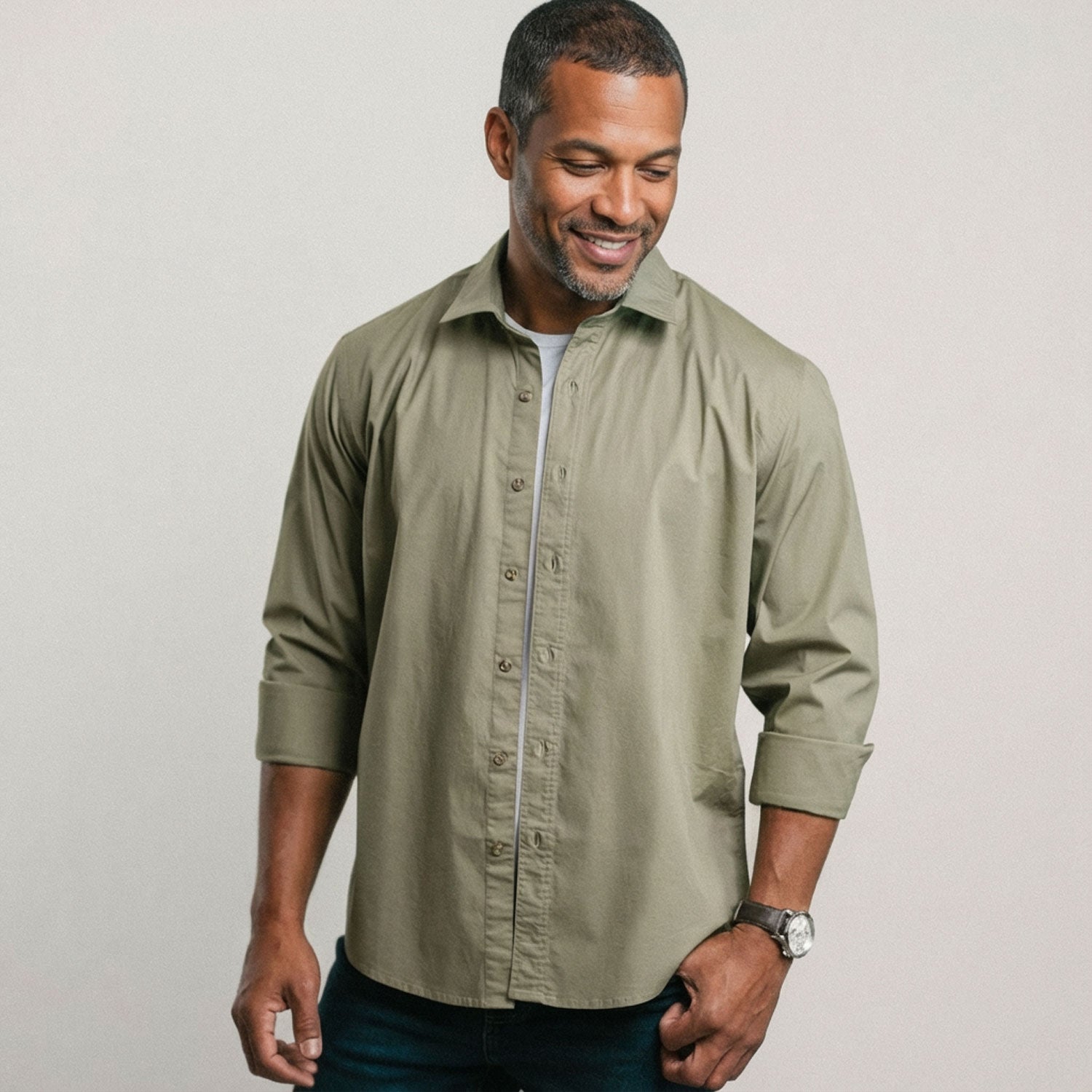 Essential Spread Collar Casual Shirt - Light Fatigue Stretch Cotton Poplin