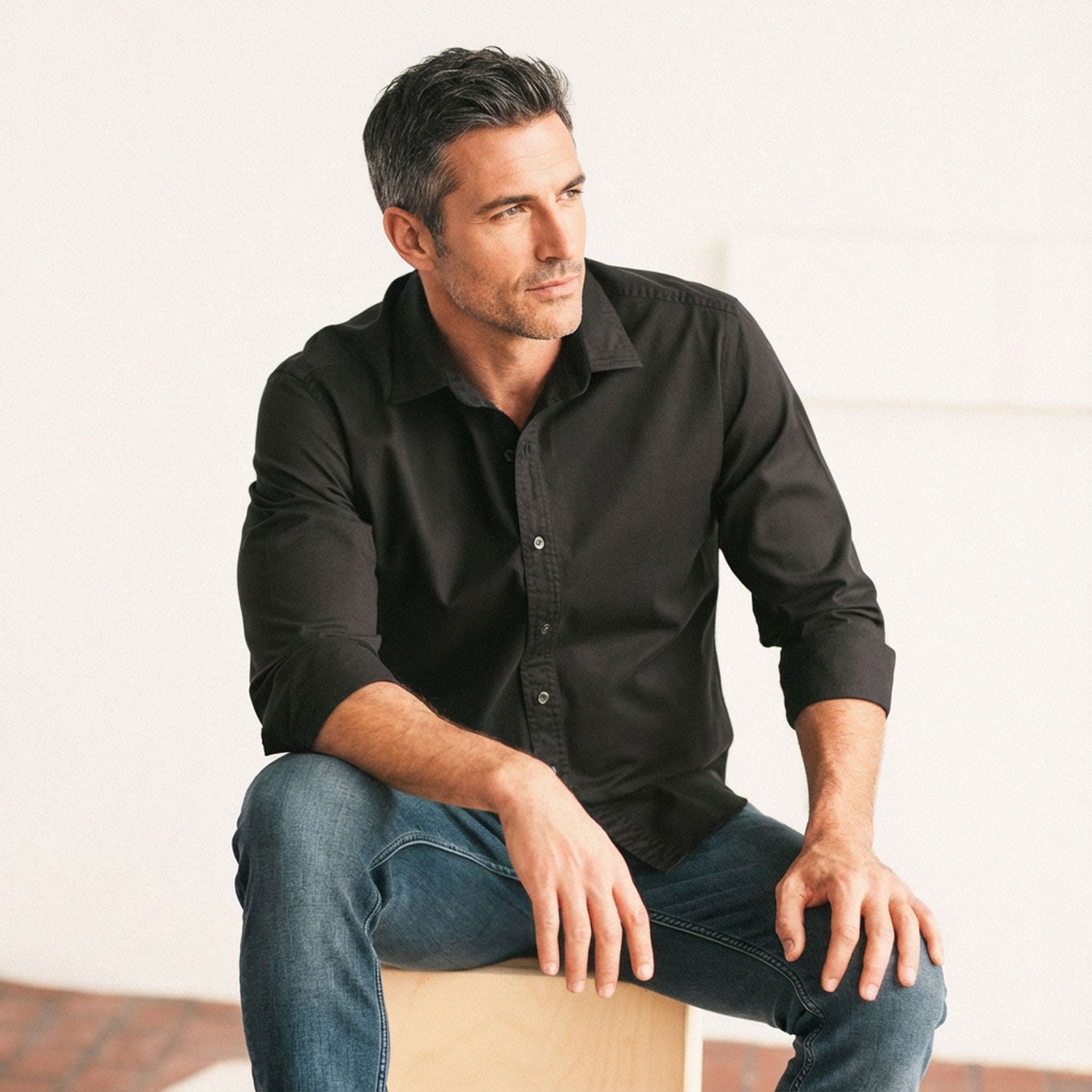 Essential Spread Collar Casual Shirt - Jet Black Cotton Twill