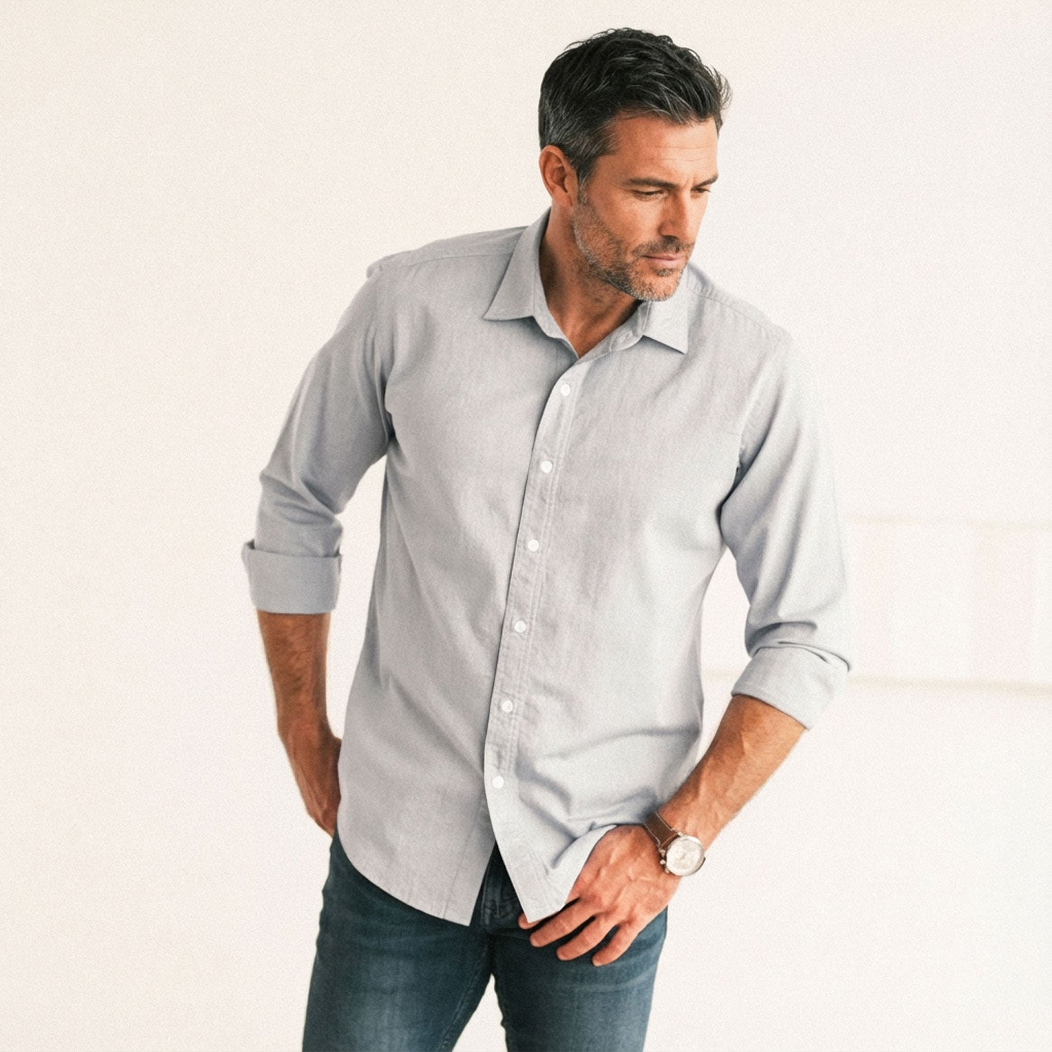 Essential Spread Collar Casual Shirt - Aluminum Gray Cotton Oxford
