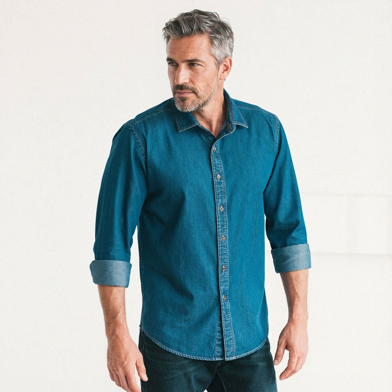 Essential Spread Collar Casual Shirt - Medium Blue Cotton Denim