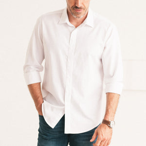 Essential Spread Collar Casual Shirt - Pure White Cotton Oxford