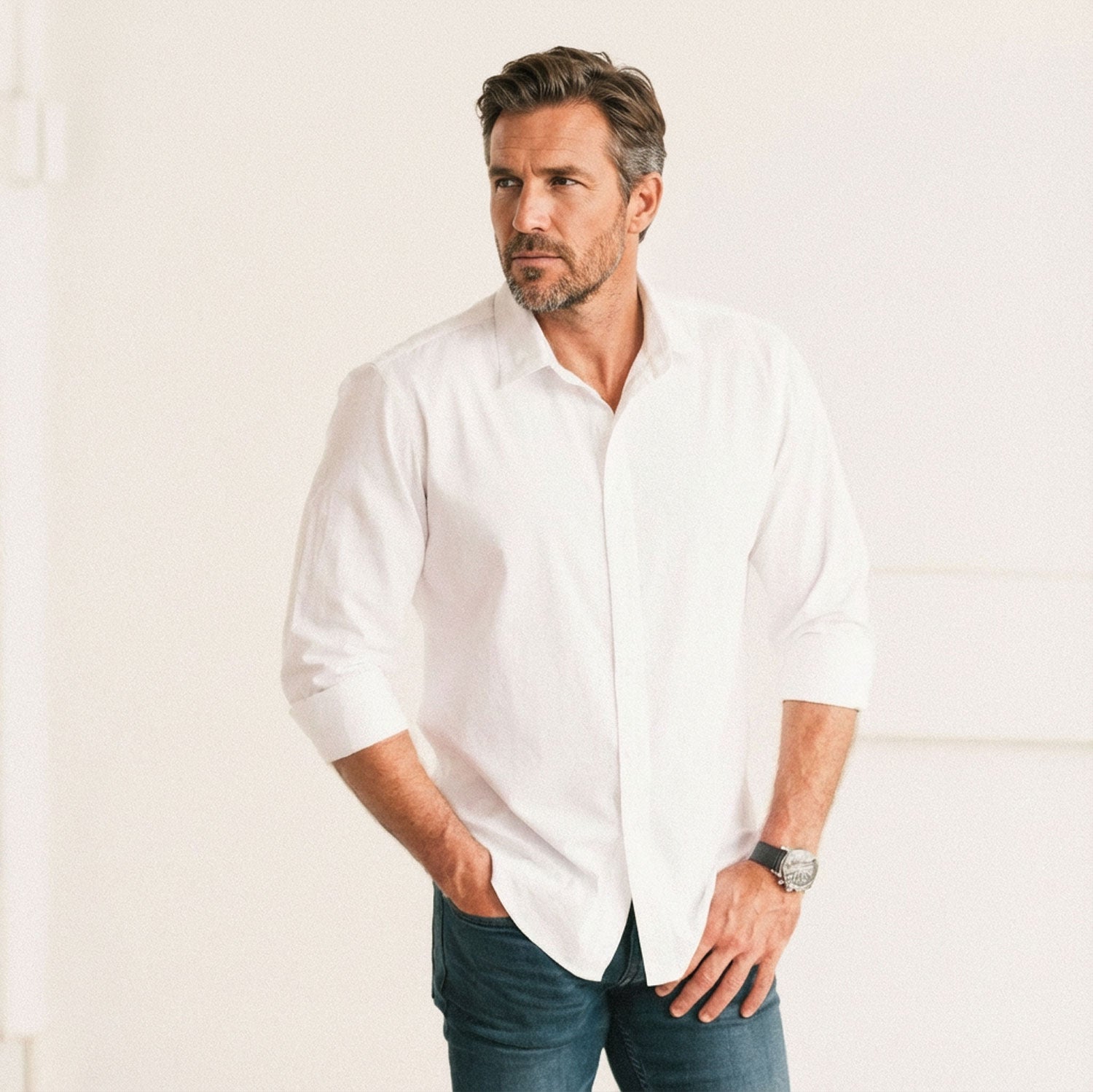 Essential Spread Collar Casual Shirt - Pure White Stretch Cotton Poplin