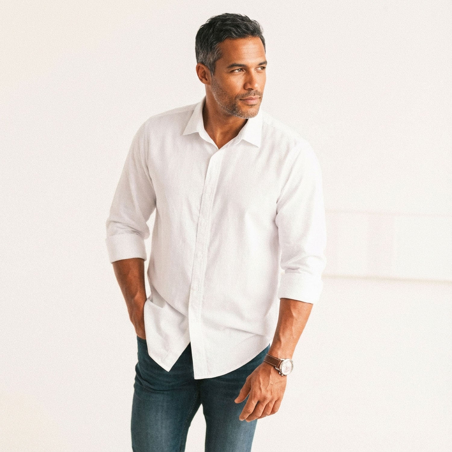 Essential Spread Collar Casual Shirt - Pure White Stretch Cotton Poplin
