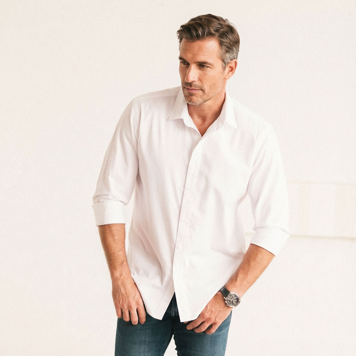 Essential Spread Collar Casual Shirt - Pure White Cotton Twill