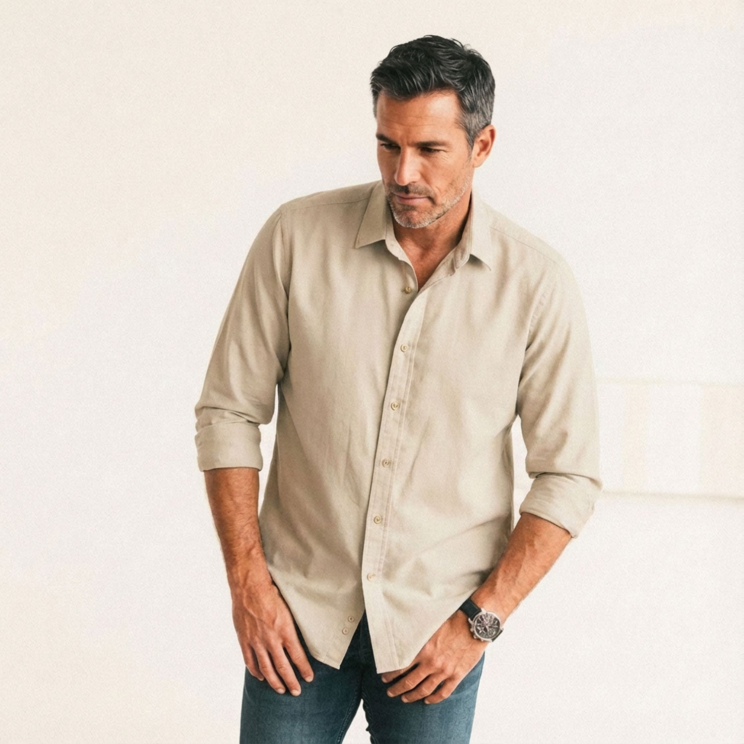 Essential Spread Collar Casual Shirt - Desert Stone Cotton Twill
