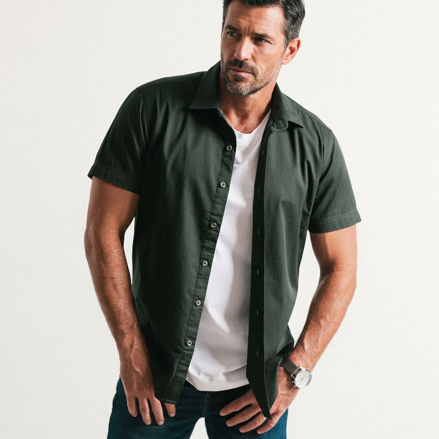 Essential Spread Collar Casual Short Sleeve Shirt - Olive Green Cotton Twill