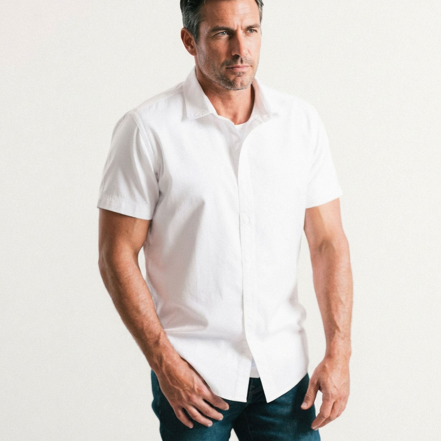Essential Spread Collar Casual Short Sleeve Shirt - White Cotton Oxford