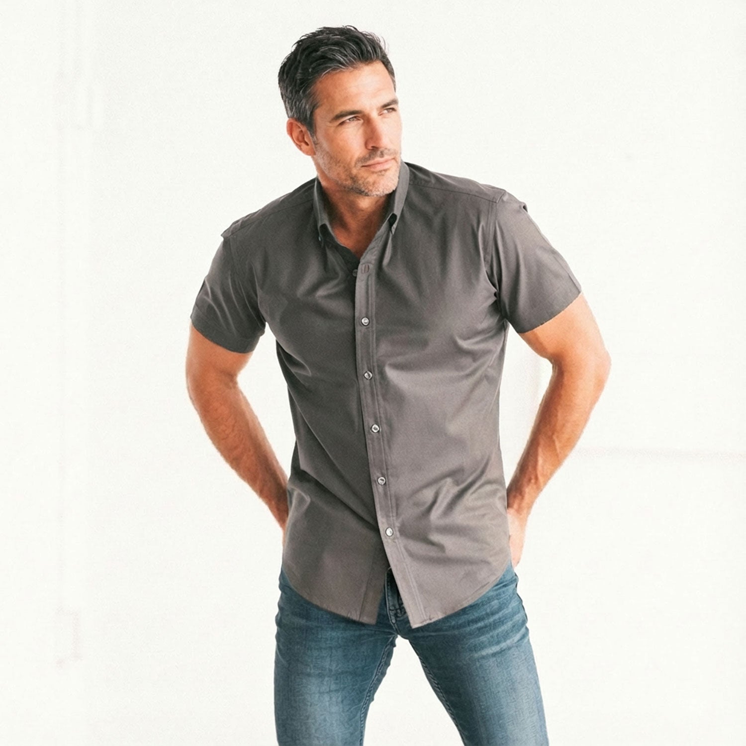 Essential Button Down Collar Casual Short Sleeve Shirt - Slate Gray Cotton Twill