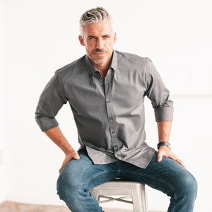 Batch Men's Essential Casual Shirt - Slate Gray Cotton Twill Image On Body Sitting
