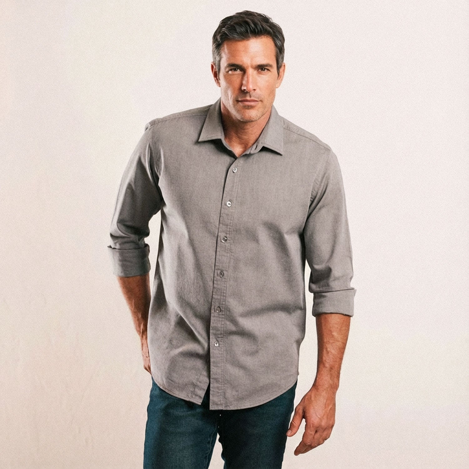 Essential Spread Collar Casual Shirt - Flint Gray Cotton Oxford