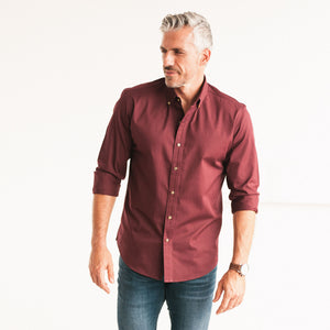 Essential Button Down Collar Casual Shirt - Burgundy Stretch Cotton Poplin