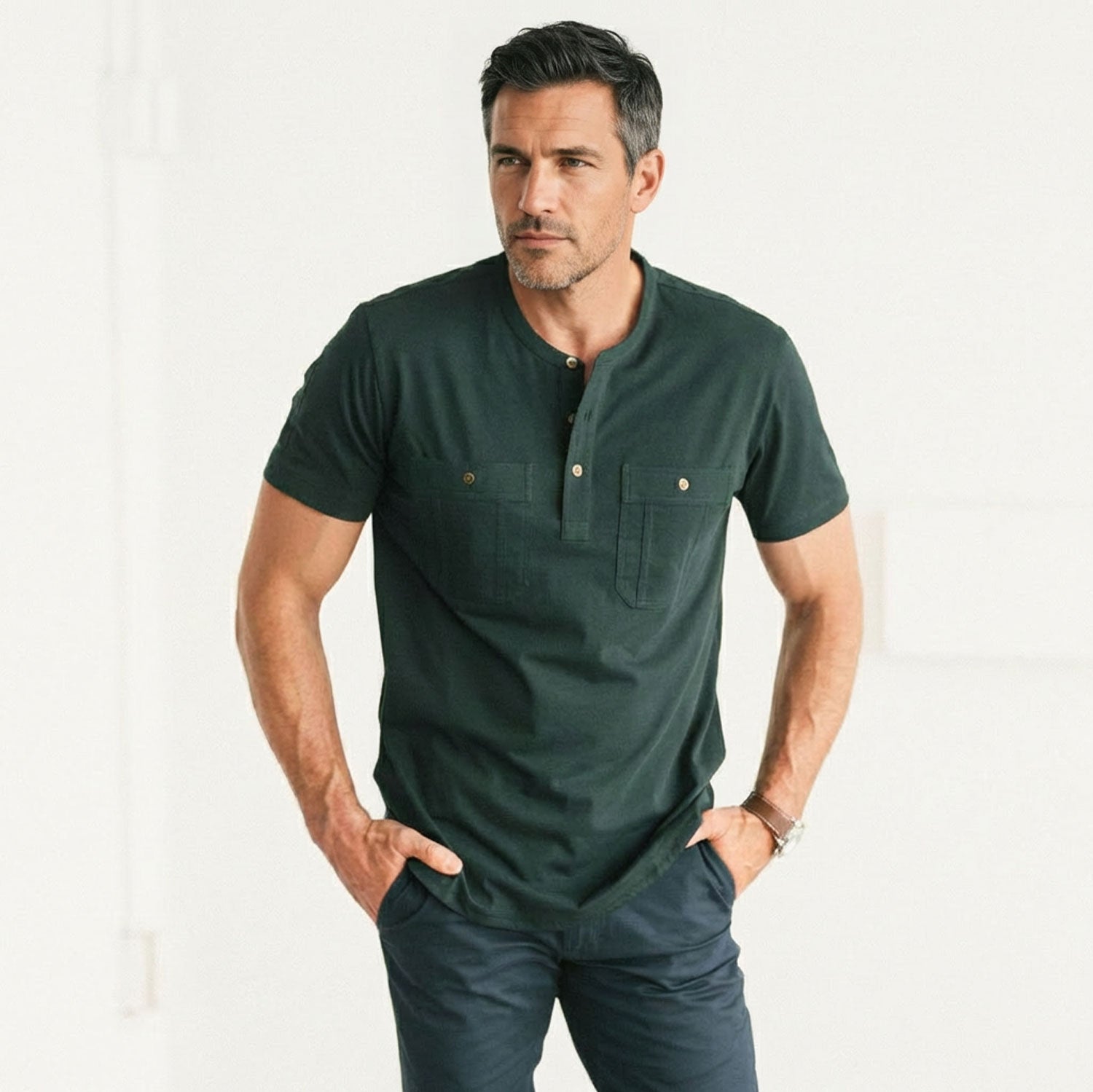 Fixer Short Sleeve Henley Shirt –  Evergreen Cotton Jersey