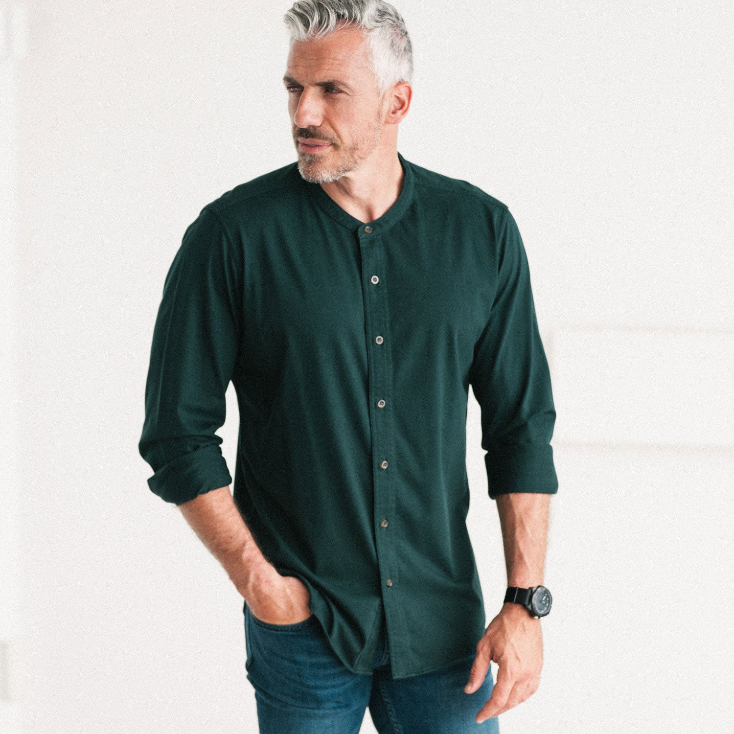evergreen dress shirt The Crop in Evergreen Stripe