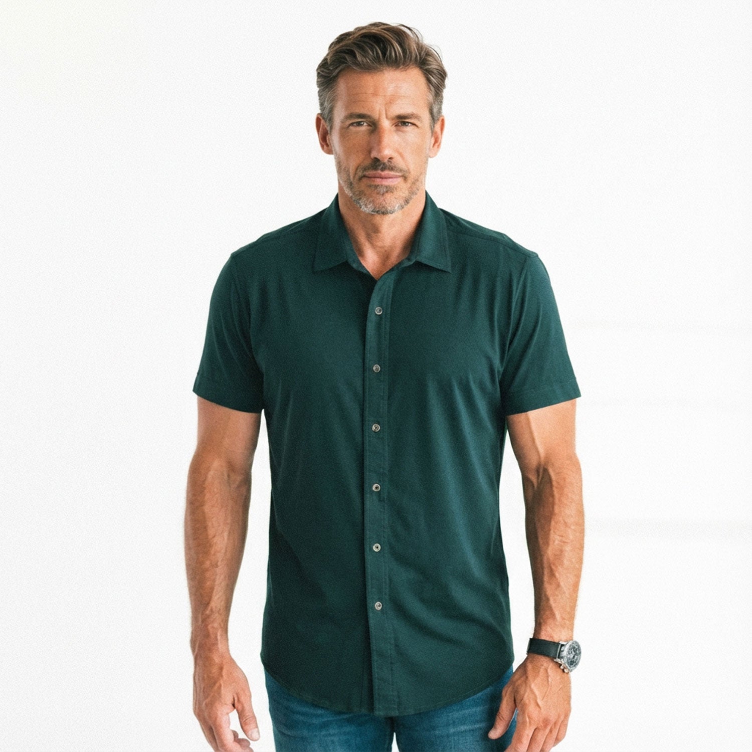 Men's Casual Button Down Shirt in Green Cotton Jersey X-Large Men's Casual Button Down Shirt in Green Cotton Jersey X-Large