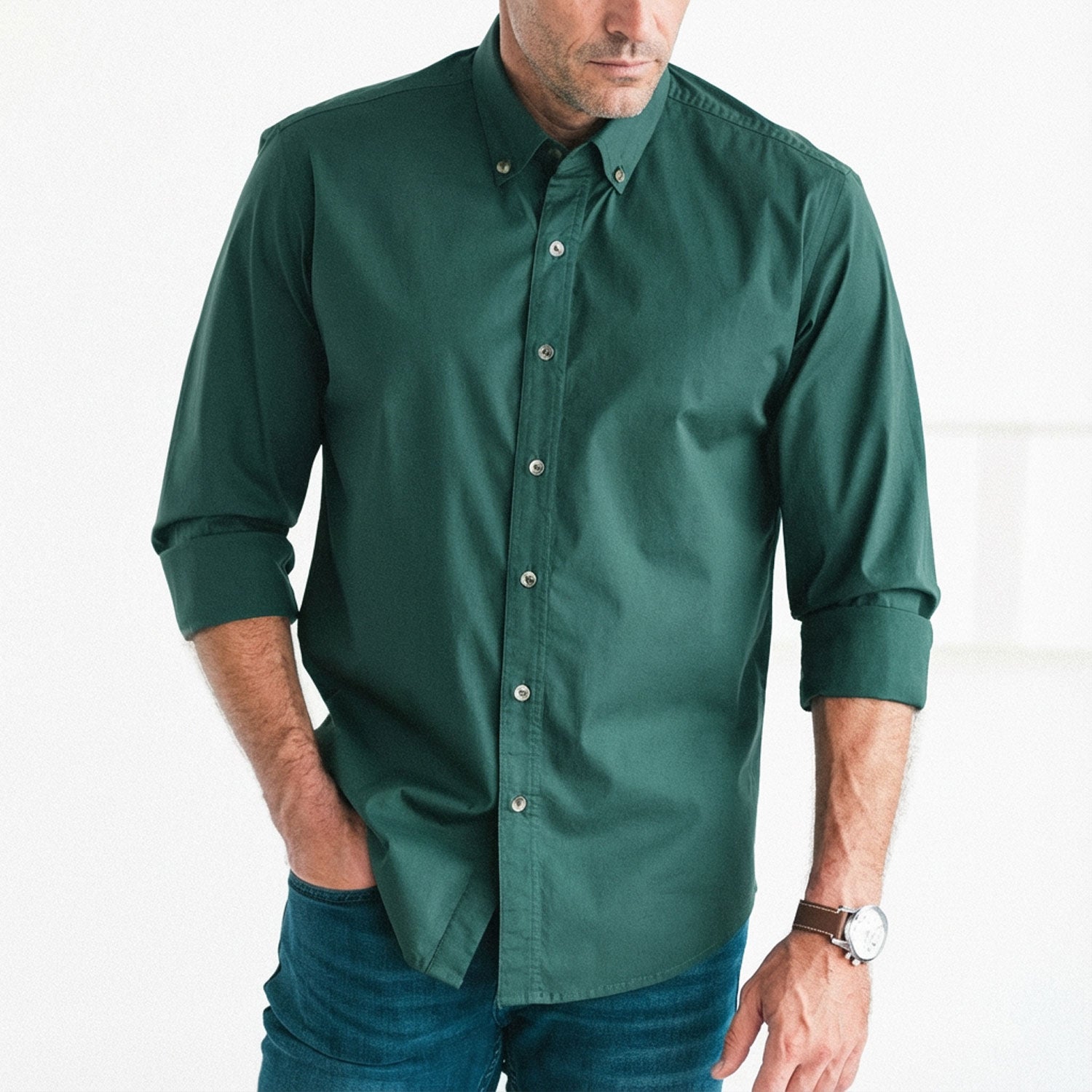 Men's Casual Button Down Shirt in Green Cotton Poplin X-Large Men's Casual Button Down Shirt in Green Cotton Poplin X-Large