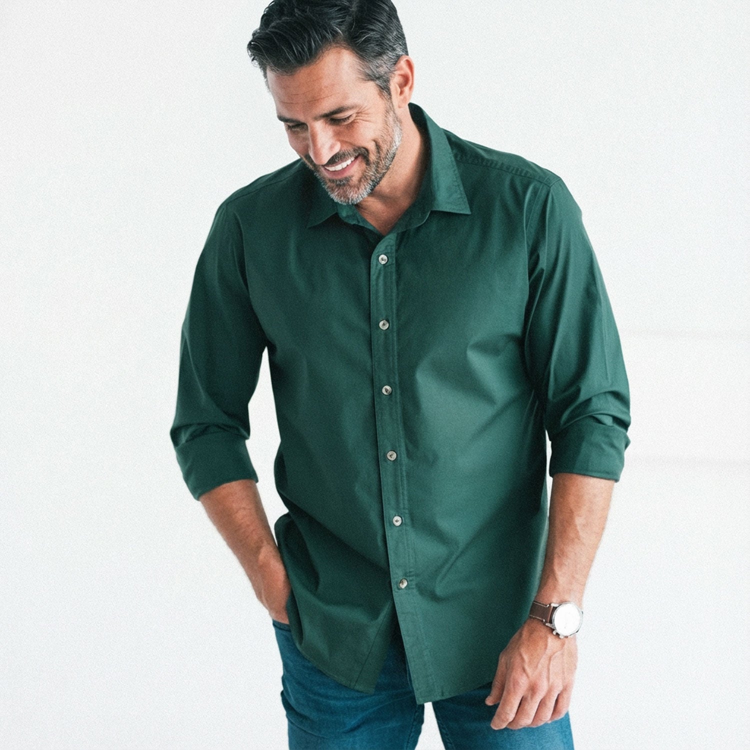 Essential Spread Collar Casual Shirt - Forest Green Stretch Cotton Poplin