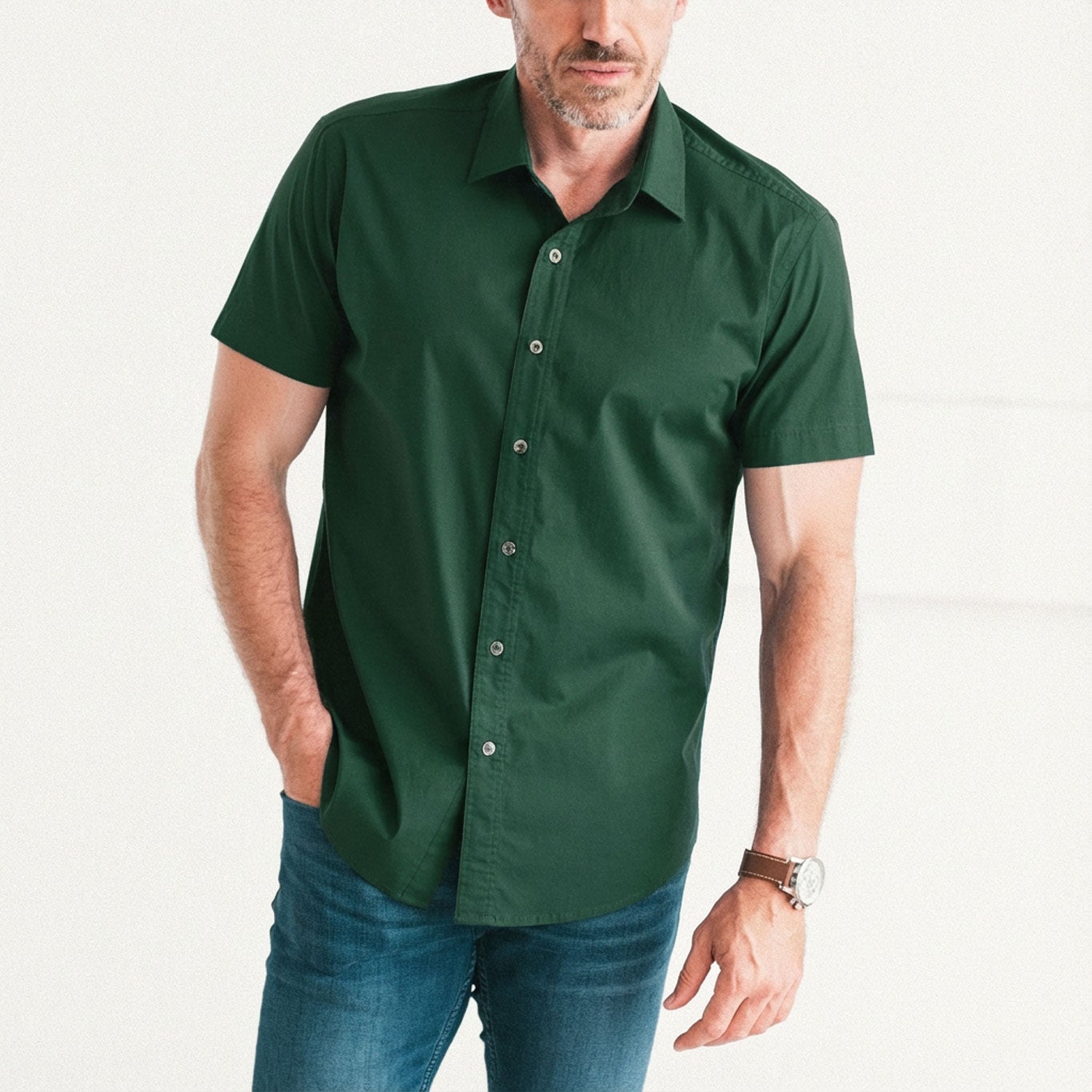 Essential Spread Collar Short Sleeve Casual Shirt - Evergreen Stretch Cotton Poplin