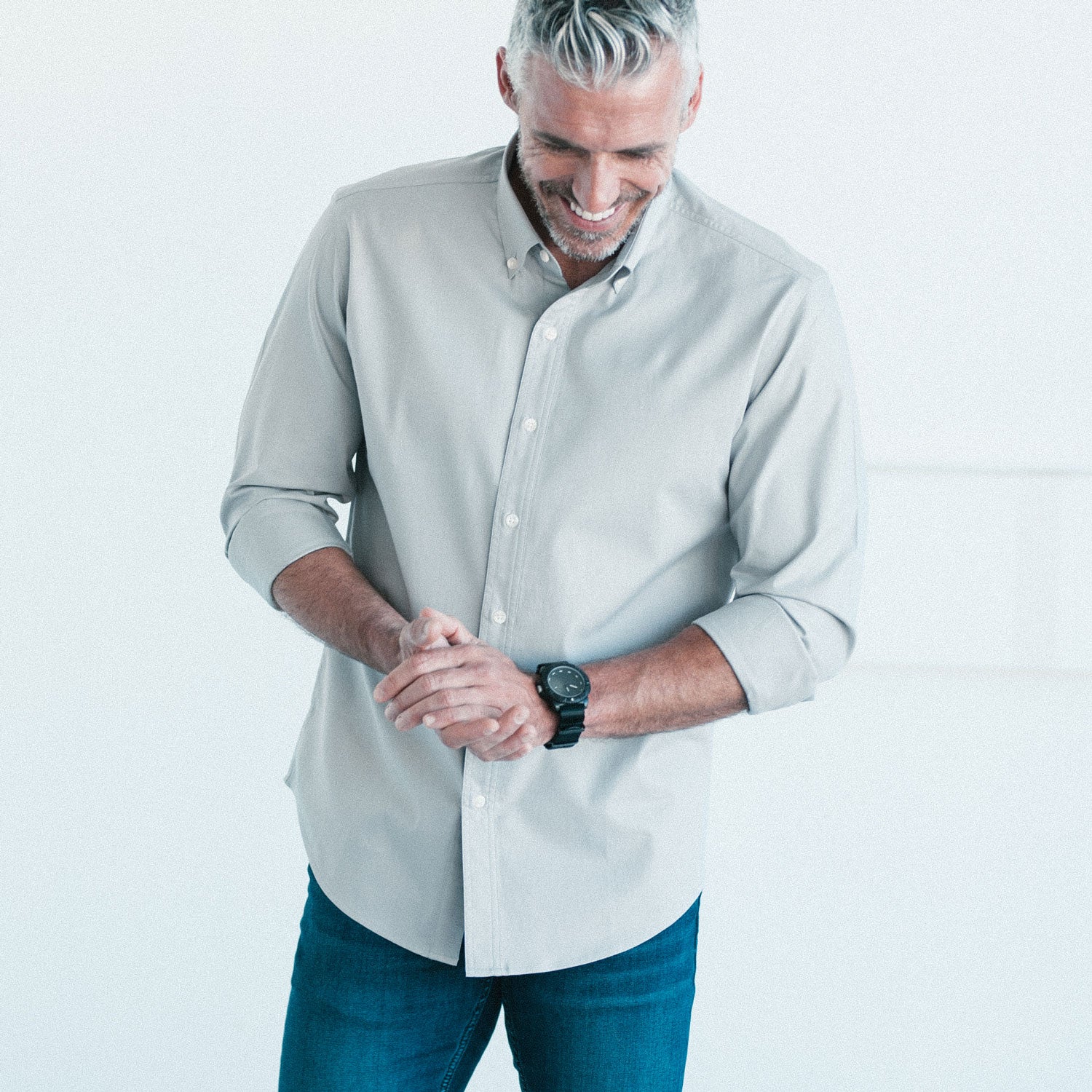 light grey button up