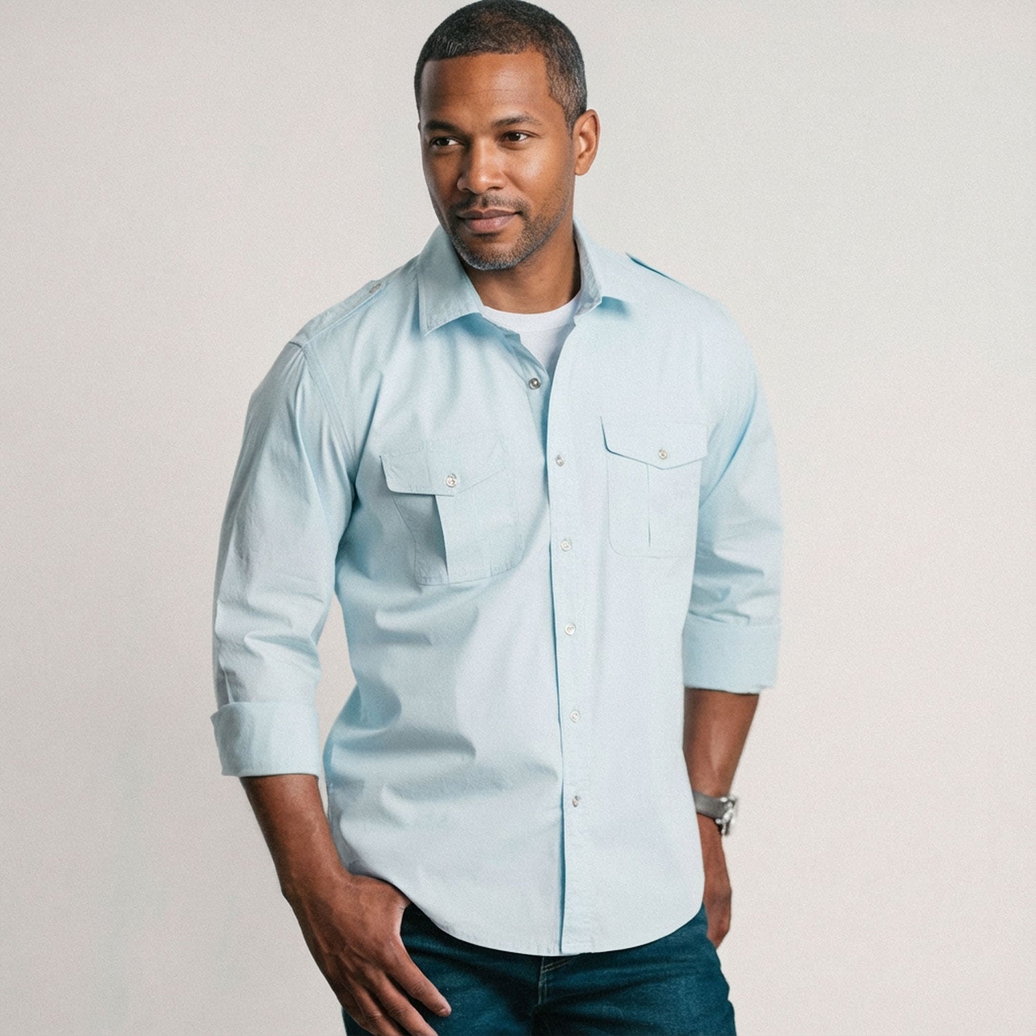 Guide Utility Shirt – Light Blue Stretch Cotton Poplin