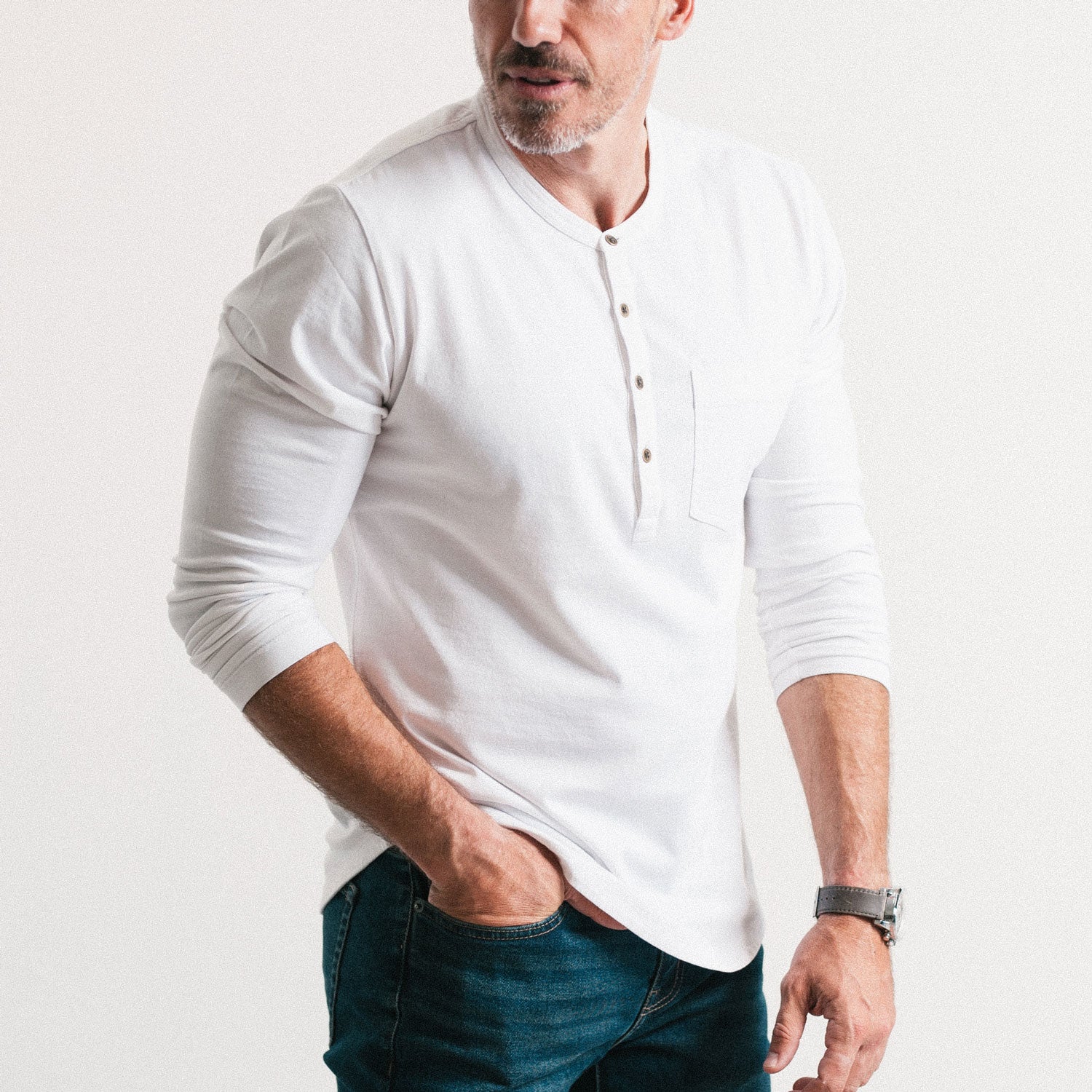 Camicia Henley Uomo Maniche Corte A Contrasto - Tinta Unita Morbida, Aderente, Bianco, XX-Large
