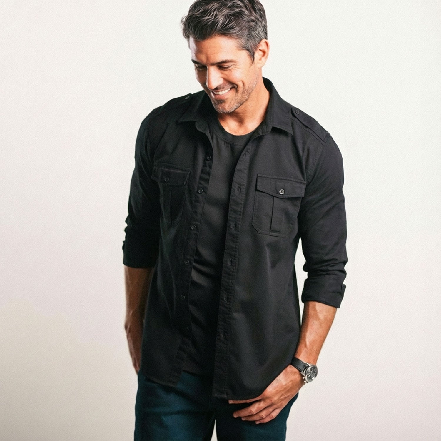 Jackson Utility Shirt – Black Cotton Herringbone