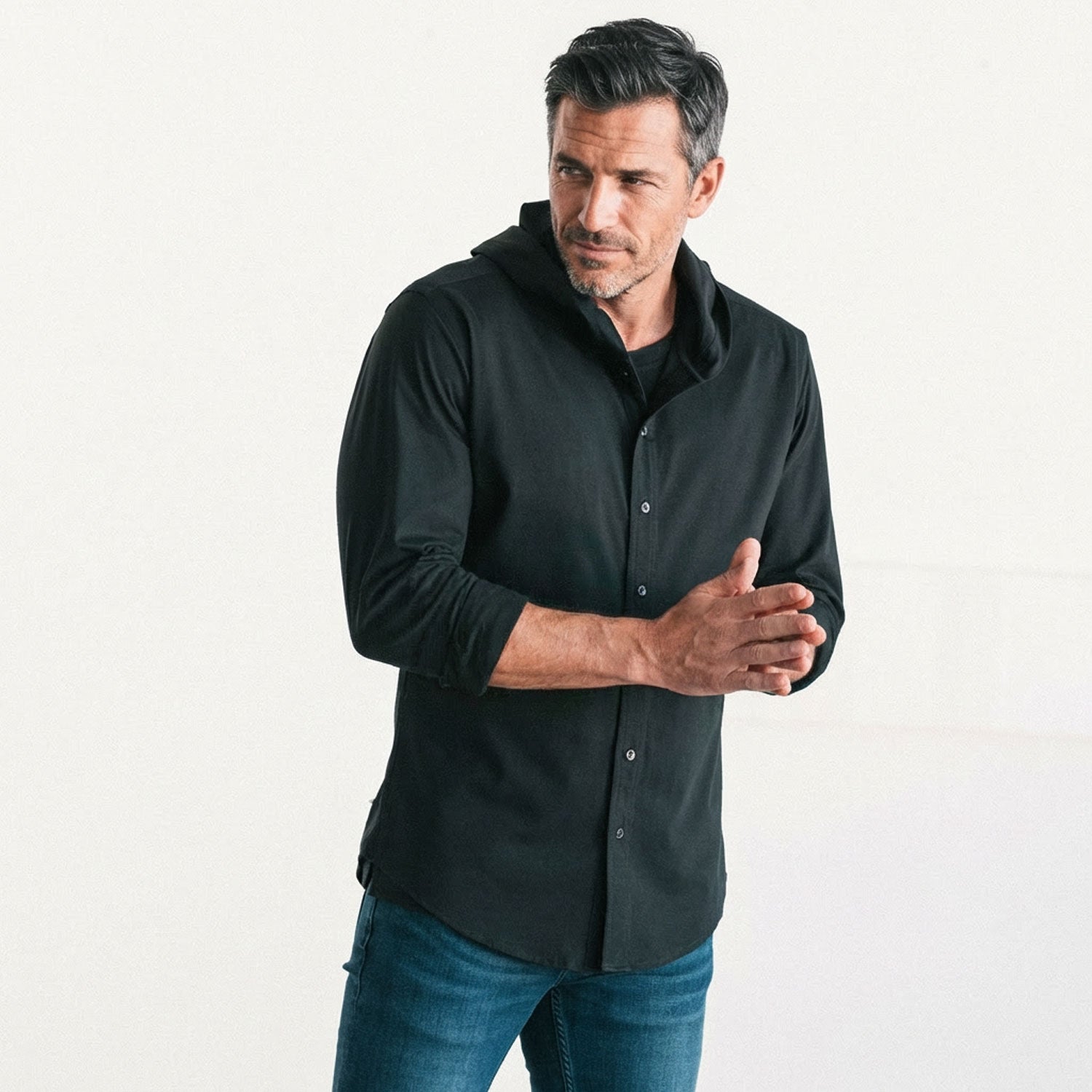 Batch Men's Knit Hooded Shirt - In Black Knit Jersey Medium | Large Batch Men's Knit Hooded Shirt - In Black Knit Jersey Medium | Large