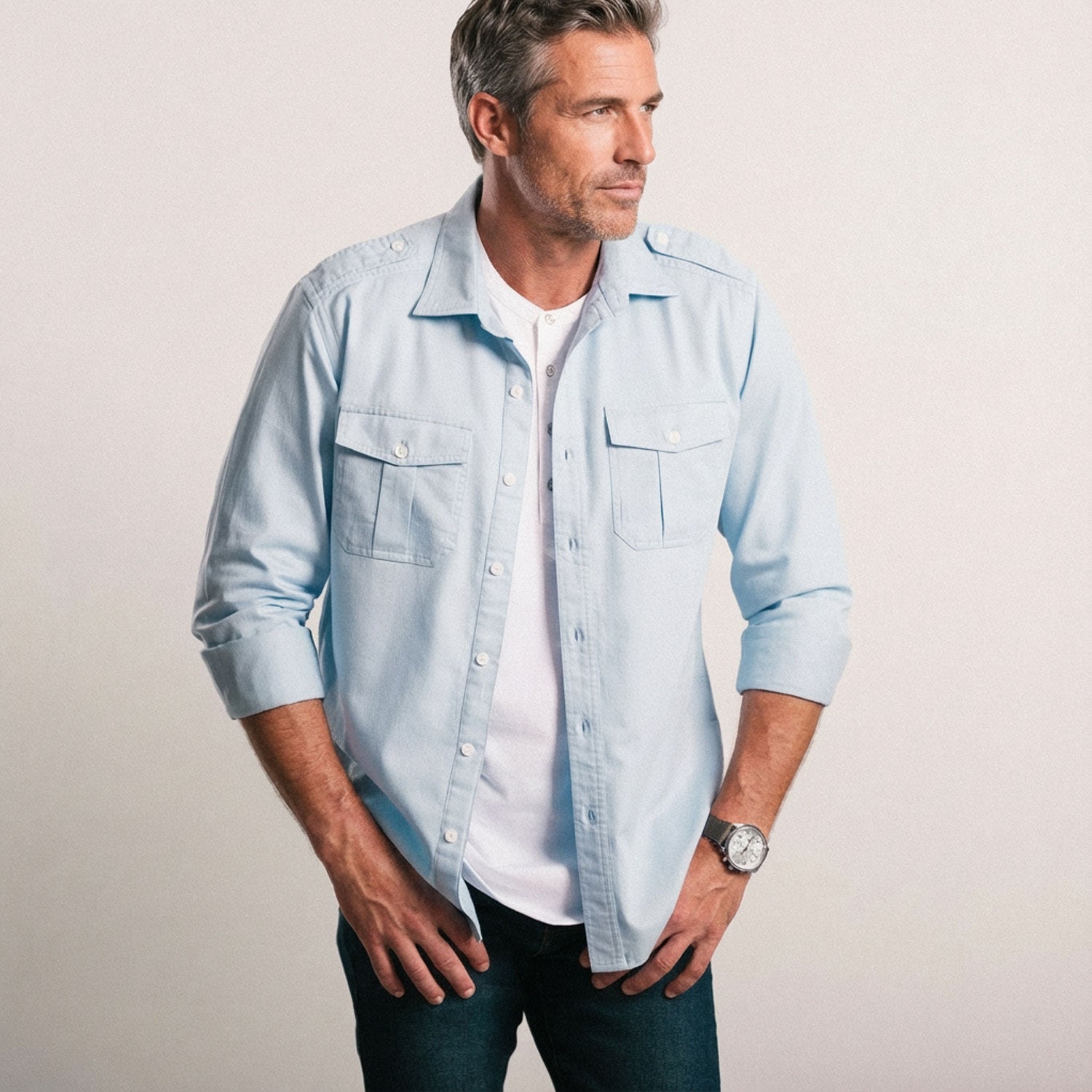 Jackson Utility Shirt – Light Blue Cotton Herringbone