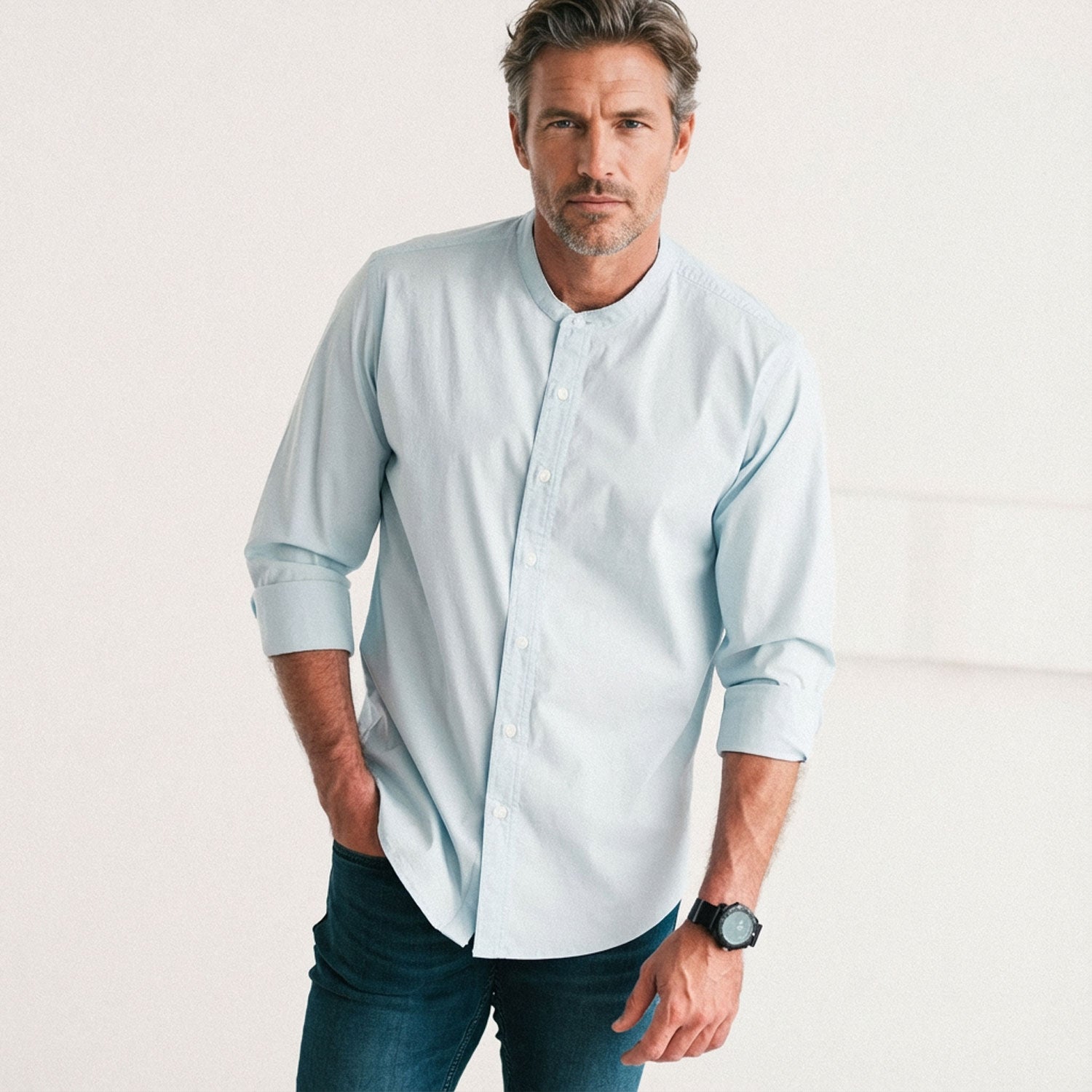 Essential Band Collar Button Down Shirt - Light Blue Cotton Stretch Poplin