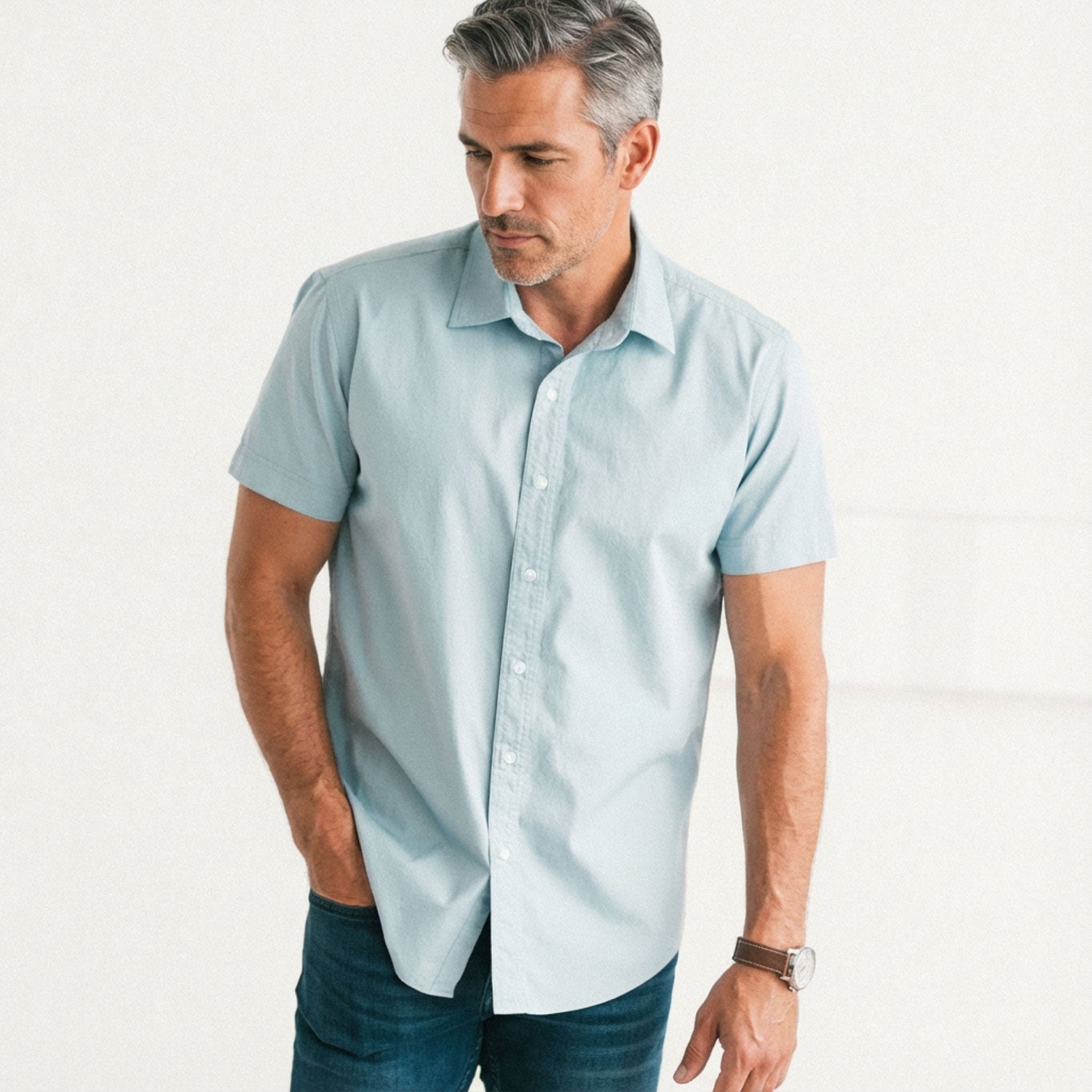 Essential Spread Collar Casual Short Sleeve Shirt - Light Blue Cotton Twill