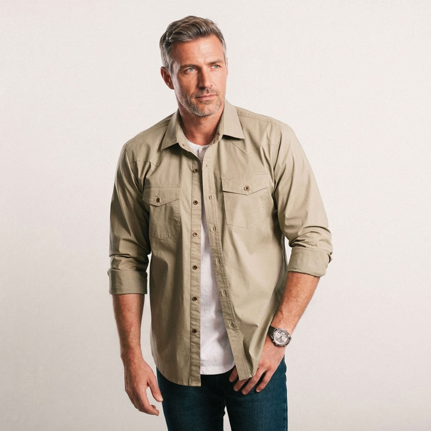 Men's Utility Shirt - Maker In Light Fatigue Green Poplin Medium | Large Men's Utility Shirt - Maker In Light Fatigue Green Poplin Medium | Large