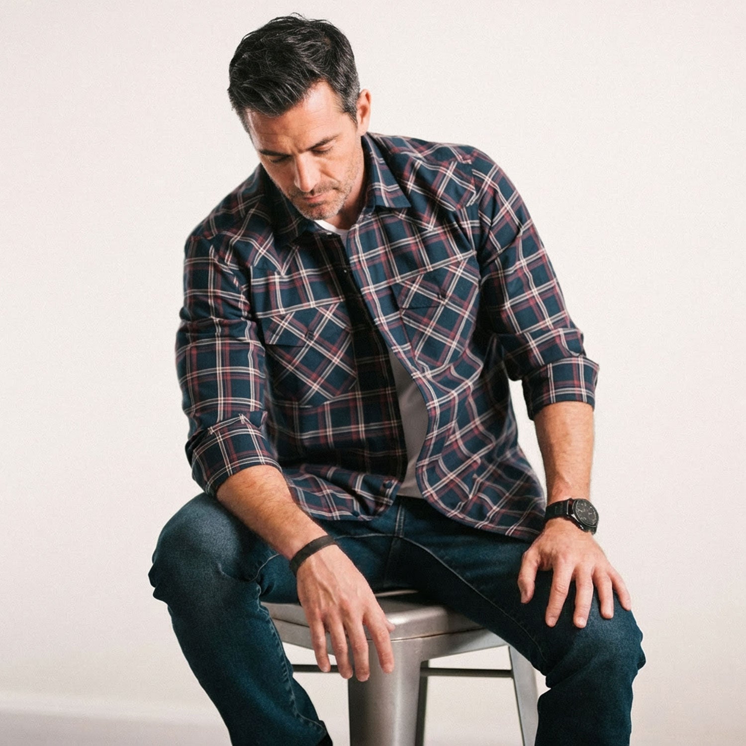navy blue plaid dress shirt Men's Long Sleeve Shirts | Franklin Navy & Lt. Blue Plaid