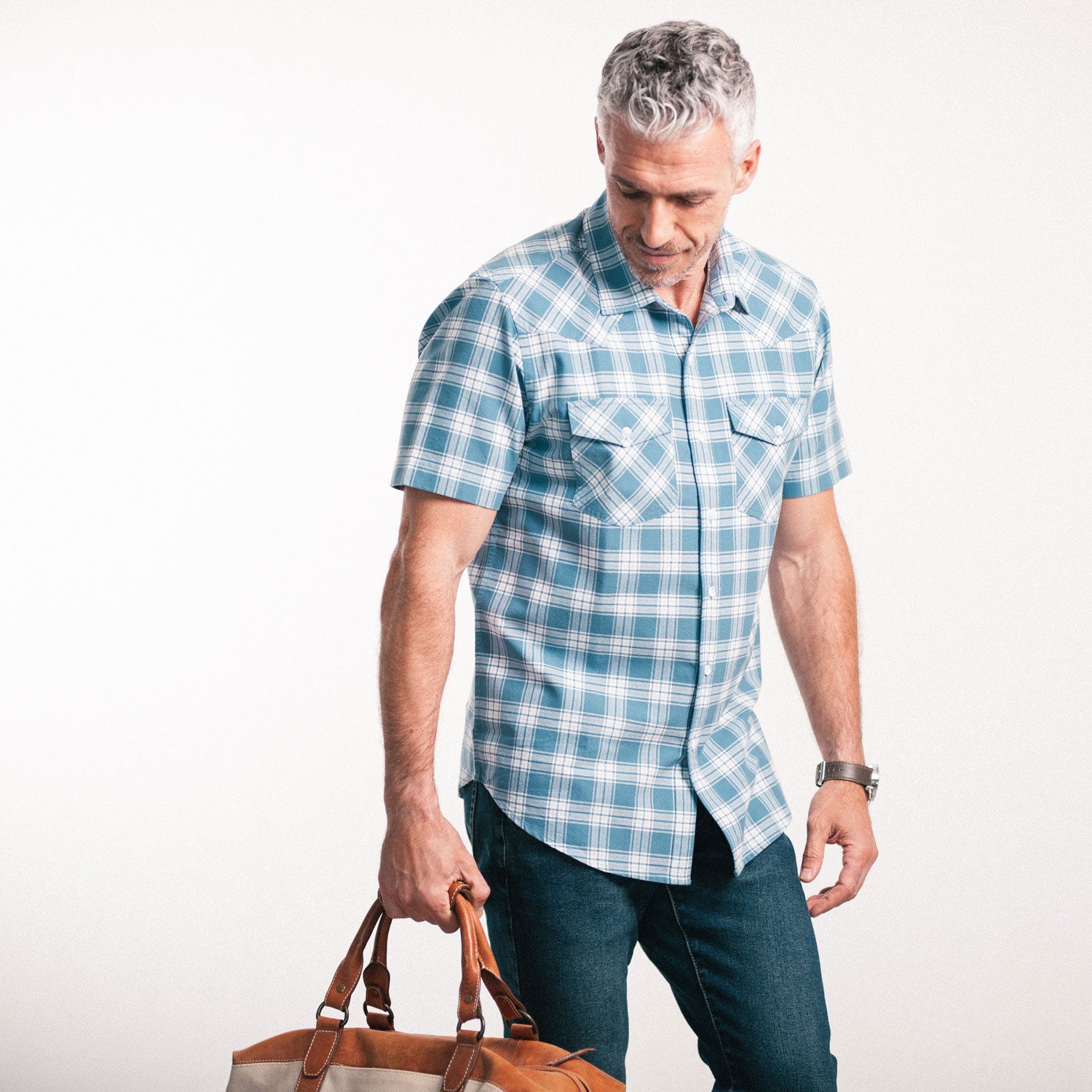 Maker Short Sleeve Utility Shirt – Blue Cotton Oxford Plaid