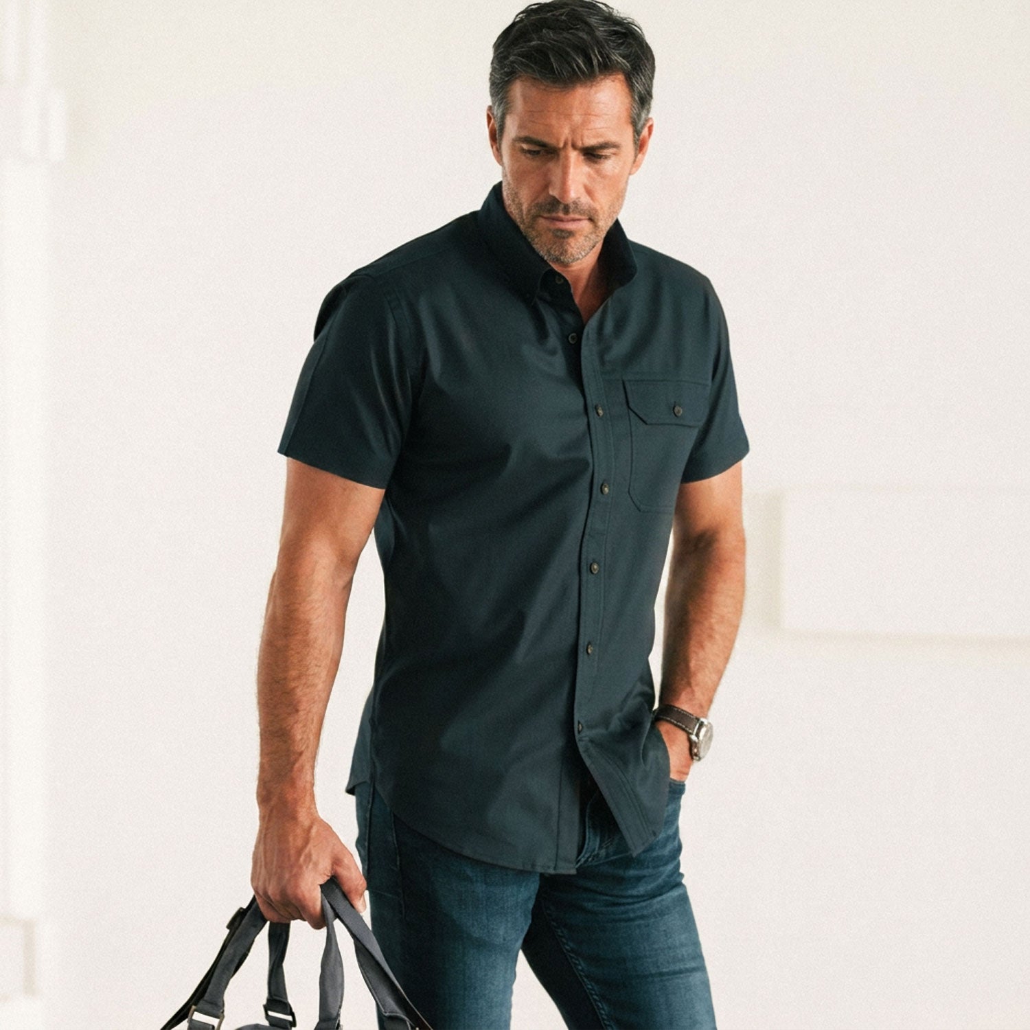 Builder Short Sleeve Casual Shirt – Dark Navy Oxford