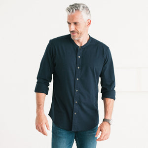 Essential Band Collar T-Shirt Shirt - Dark Navy Cotton Jersey