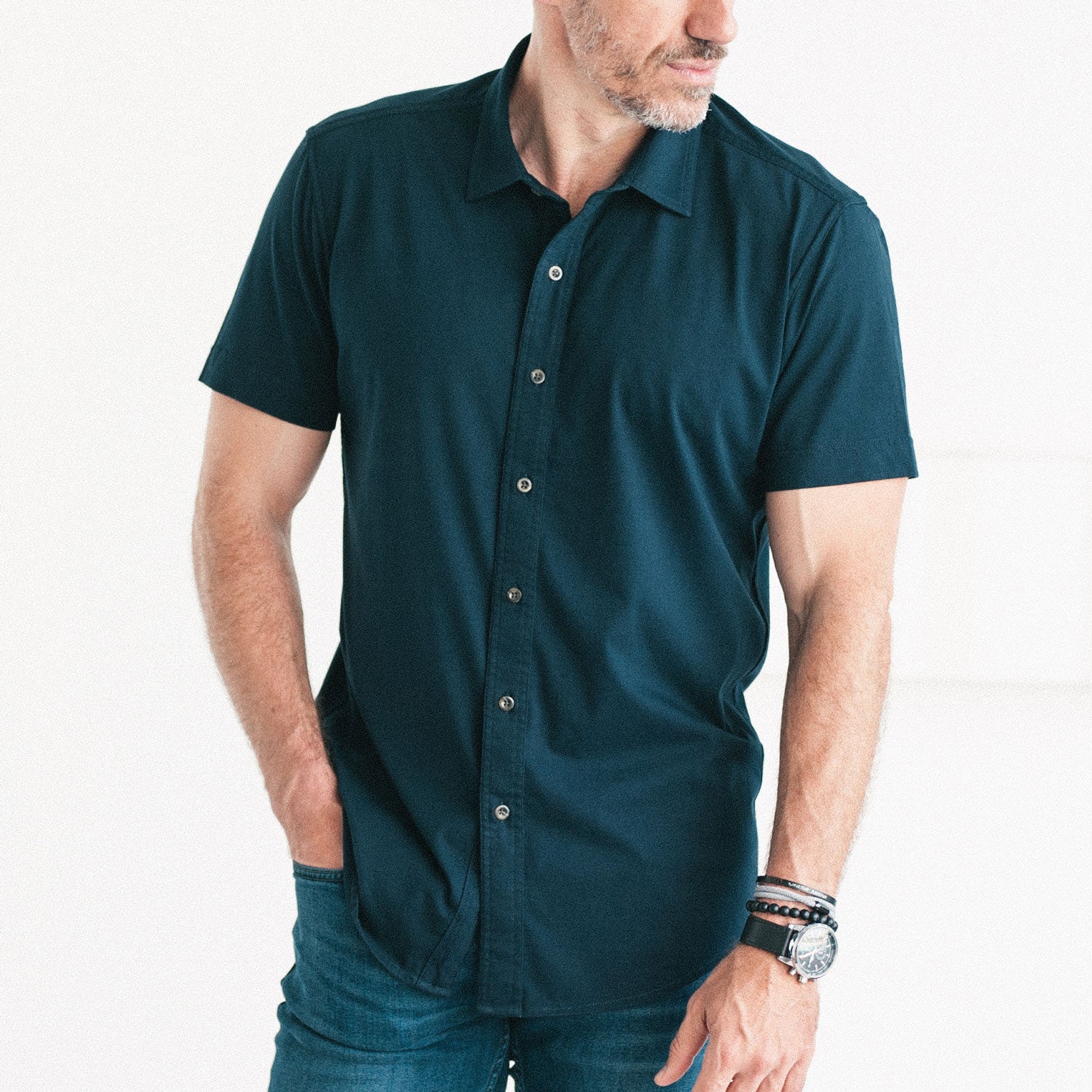 Men's Casual Button Down Shirt in Navy Cotton Jersey Large Men's Casual Button Down Shirt in Navy Cotton Jersey Large