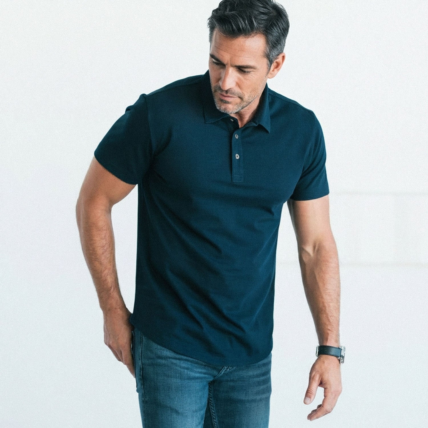 Essential Short Sleeve Curved Hem Polo Shirt –  Dark Navy Cotton Jersey