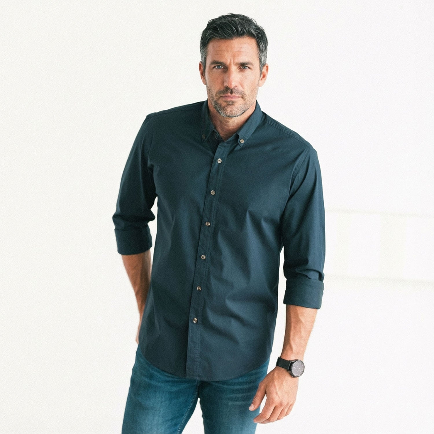 Essential Button Down Collar Casual Shirt - Dark Navy Stretch Cotton Poplin