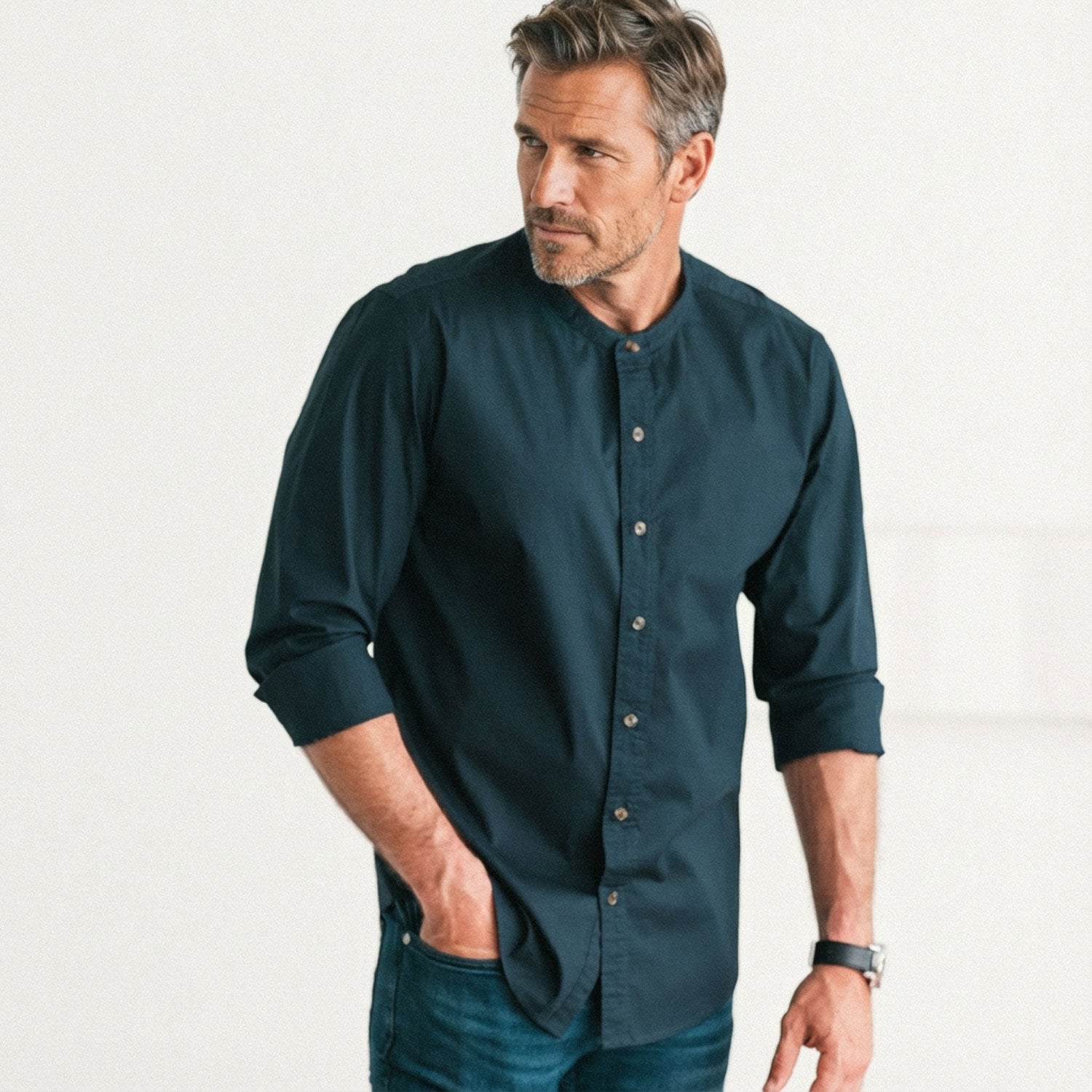 Essential Band Collar Button Down Shirt - Dark Navy Cotton Stretch Poplin