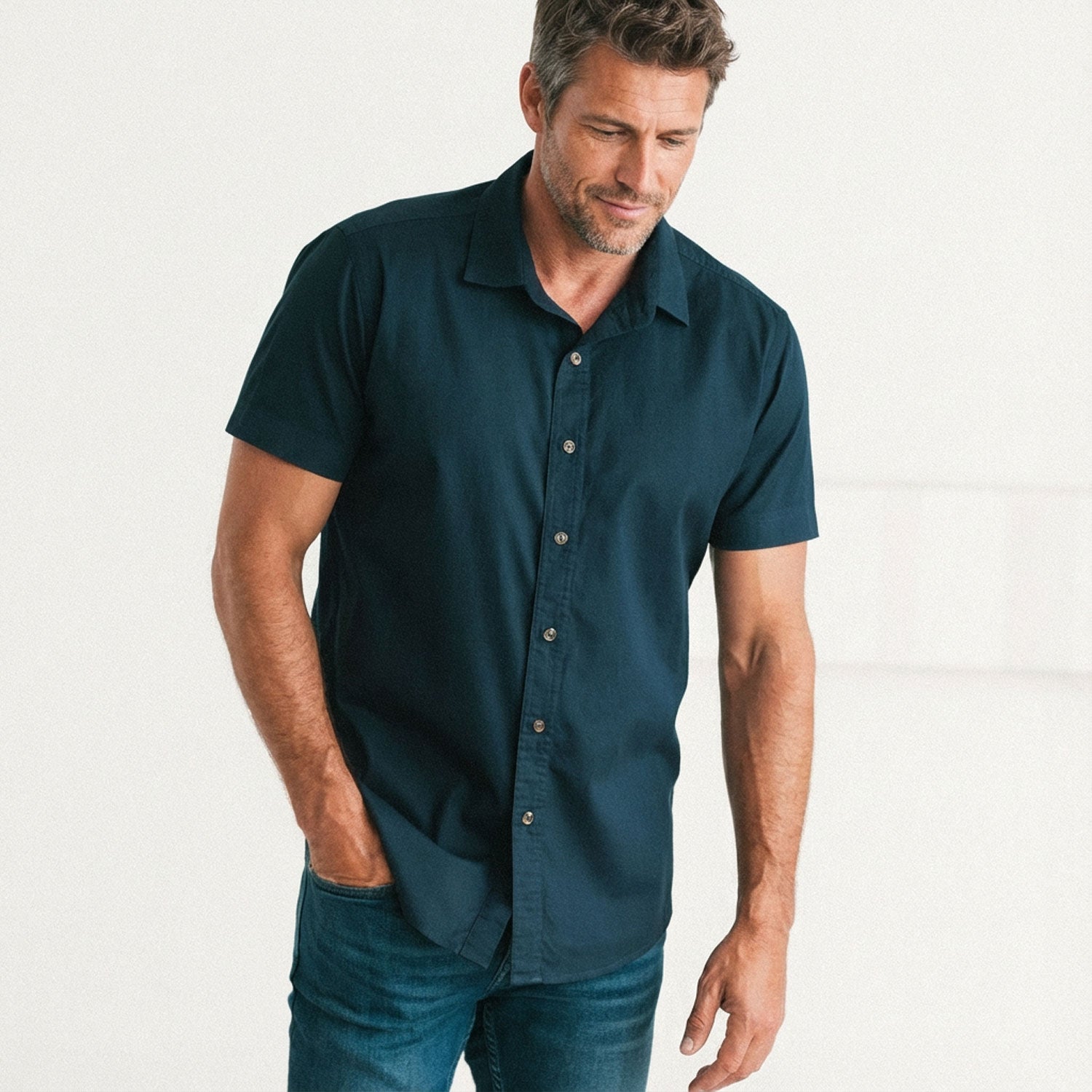 Essential Spread Collar Casual Short Sleeve Shirt - Dark Navy Cotton Twill