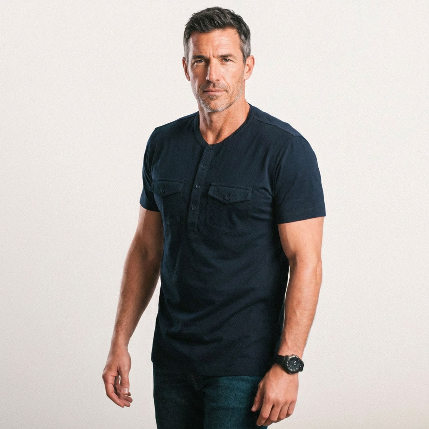 Pioneer Short Sleeve Henley Shirt –  Navy Cotton Jersey