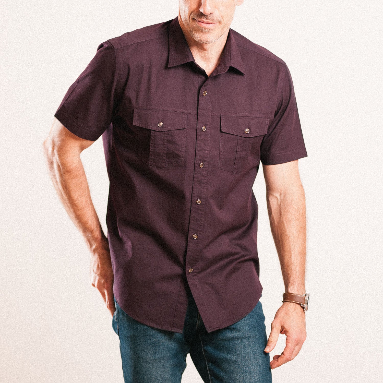 Primer Short Sleeve Utility Shirt – Burgundy Cotton Twill