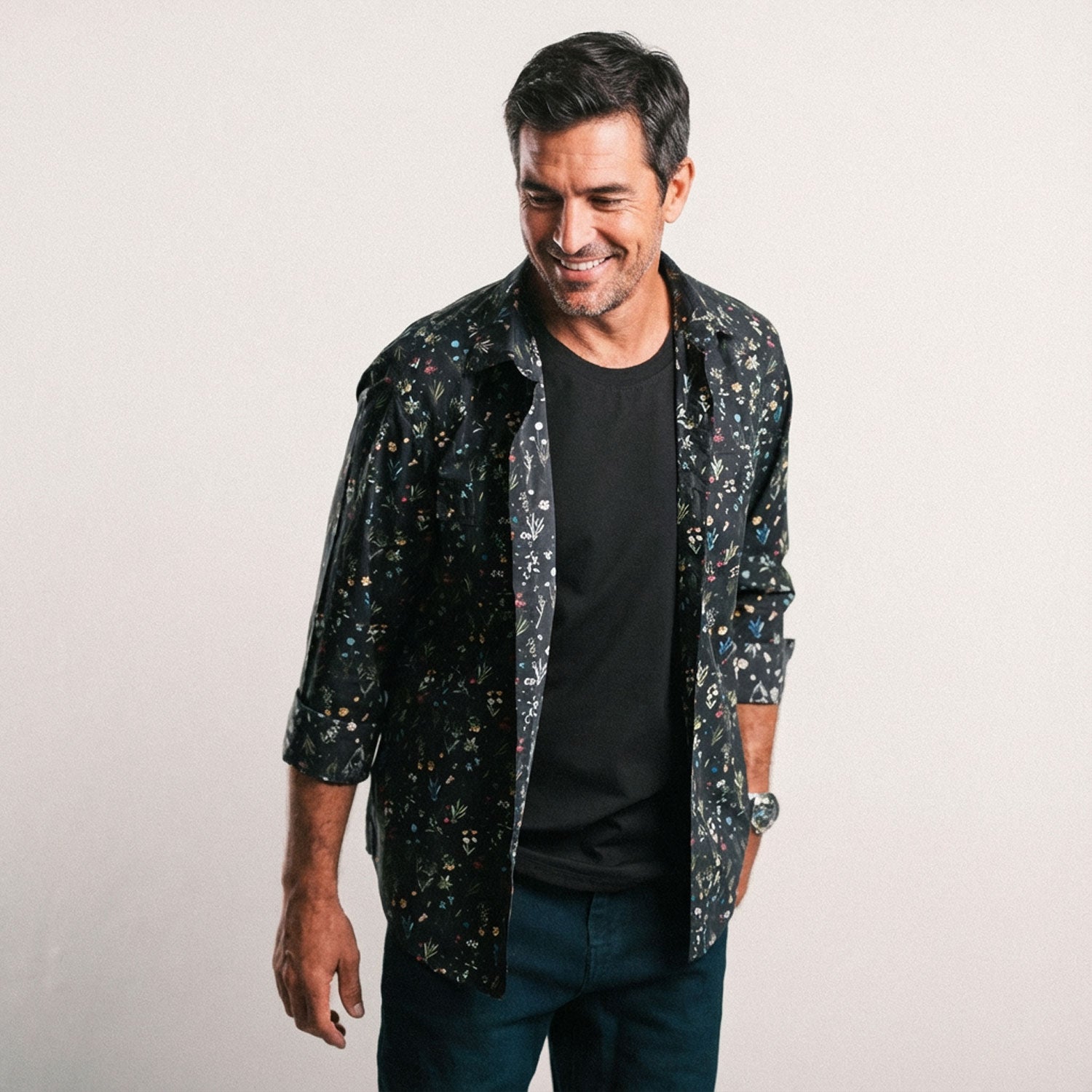 Primer Utility Shirt – Black Flower Print Cotton Poplin