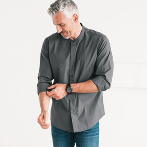 Essential Band Collar Button Down Shirt - Slate Gray Cotton Stretch Poplin