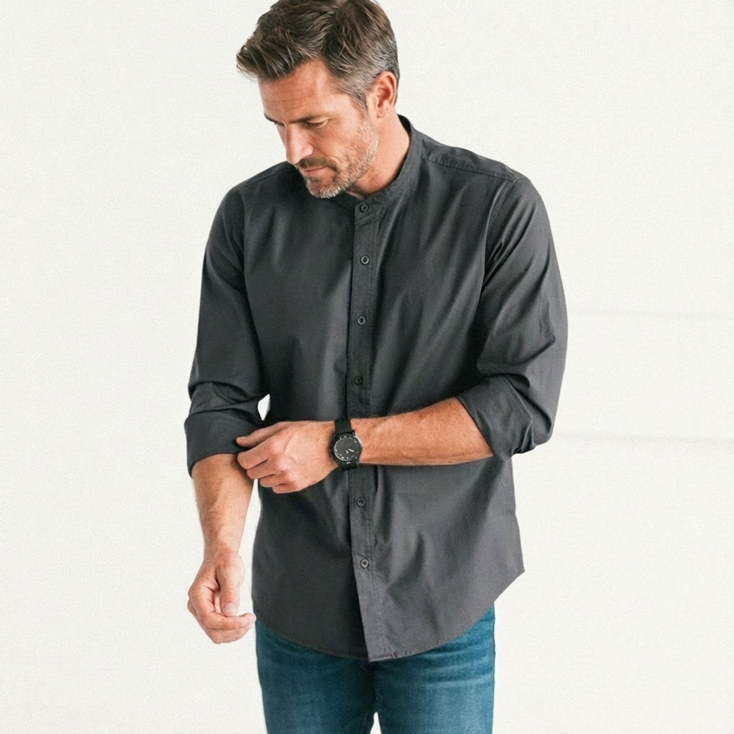 Men's Band Collar Button Down Shirt In Slate Gray 100% Cotton Twill