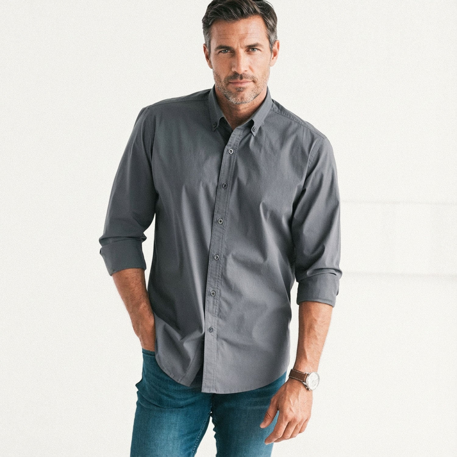 Essential Button Down Collar Casual Shirt - Slate Gray Stretch Cotton Poplin