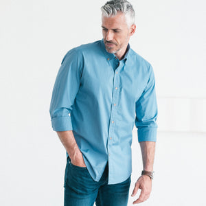 Essential Button Down Collar Casual Shirt - Steel Blue Stretch Cotton Poplin